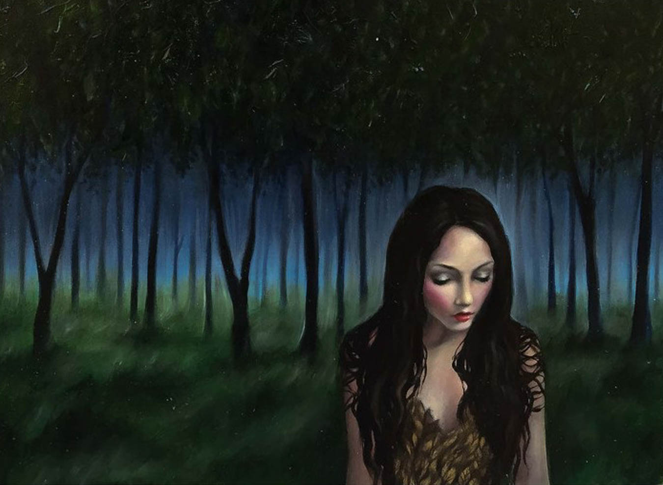 Oil painting of illuminated woman with dark trees in the background.