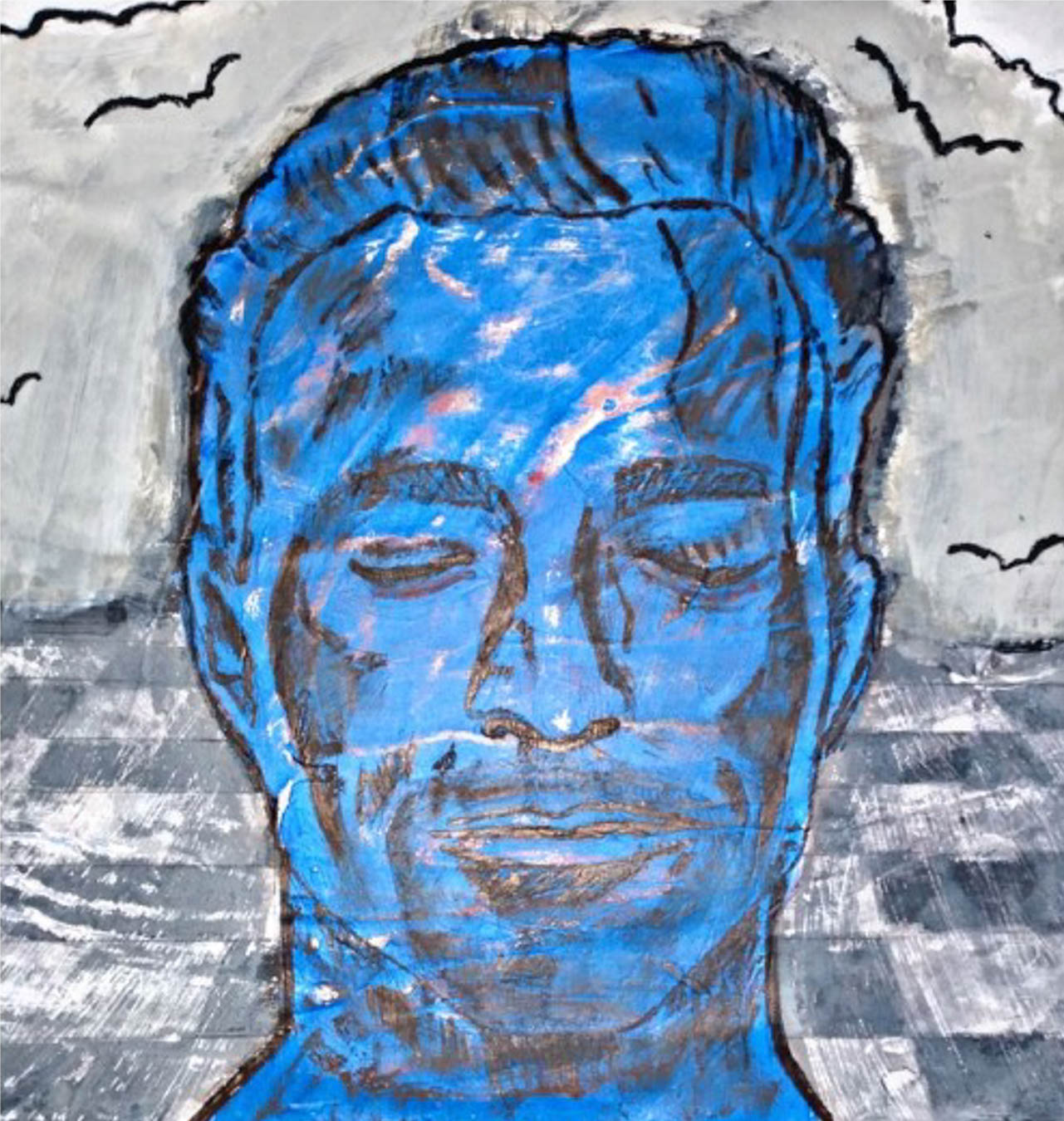 Close-up illustration of a man's face in blue.