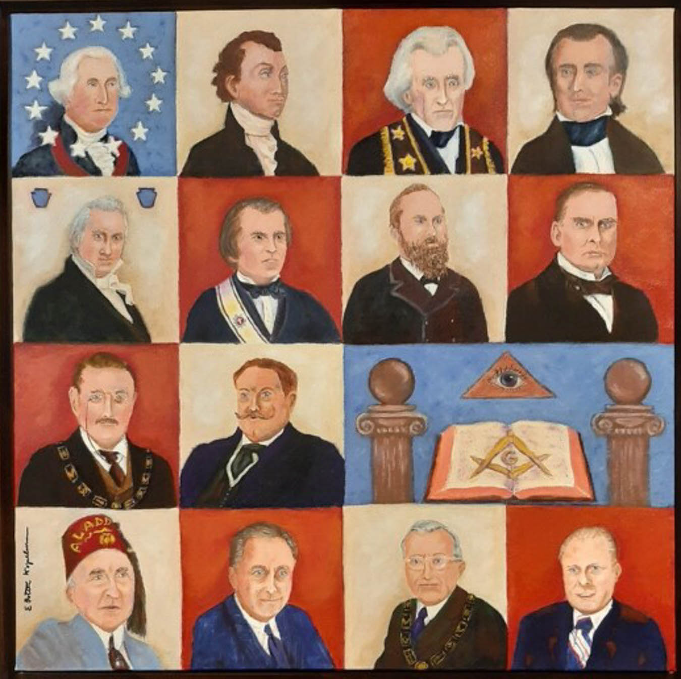 Painting of 14 presidents who were Freemasons in a red, white and blue motif.