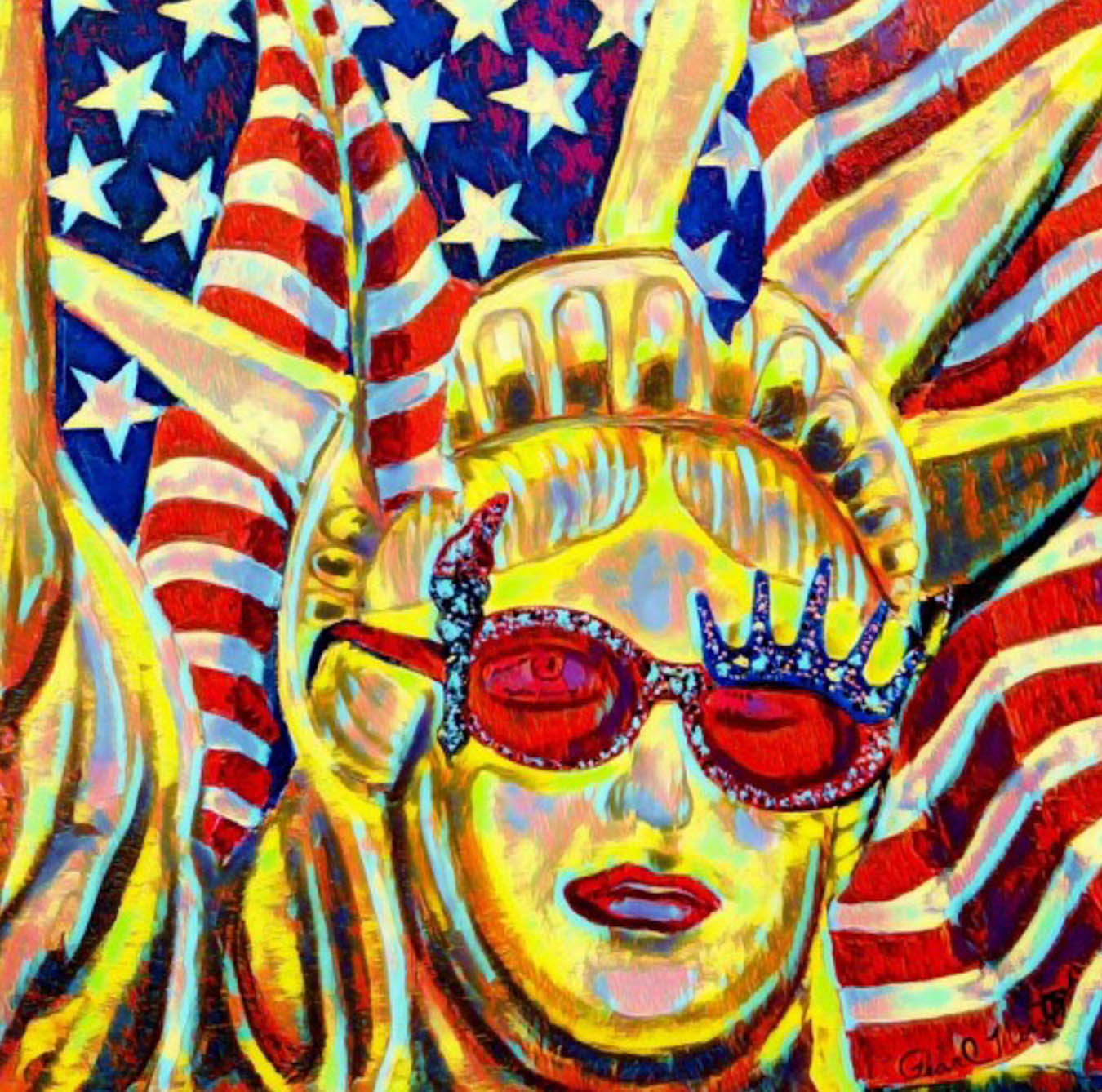 Multicolor digital image of the Statue of Liberty in yellow wearing sun glasses and lipstick with an American flag in the background.